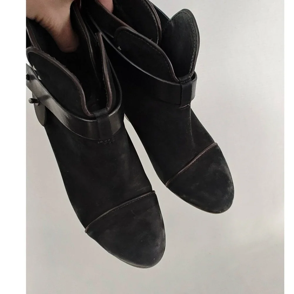 Rag & Bone Harrow Black Suede Leather‎ Stacked Heeled Ankle Strap Bootie size 37